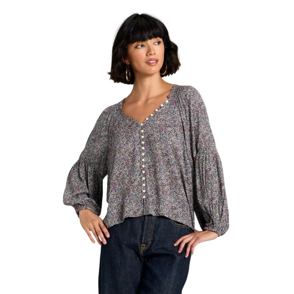 Universal Thread Women's Floral Blue Burgundy Button‎ Front Blouse Size L